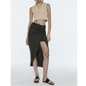 Zara Dark Olive Ruched High-Slit Midi Skirt